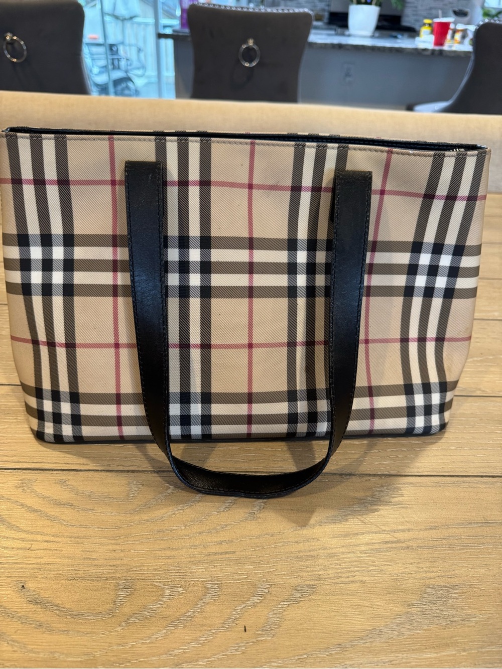 Burberry Beige Plaid Tote with Black Leather Handles and Red Accent